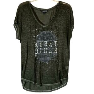 Rock & Republic Rebel Rider V Neck T Shirt Sequins Olive Green‎ Size L
